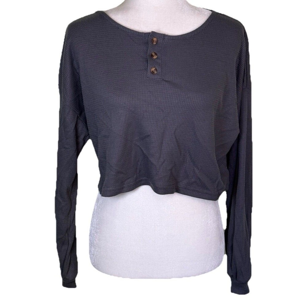 Women Gray Thermal Waffle Knit Cropped Boxy Henley Top Long Sleeve Soft Grunge L